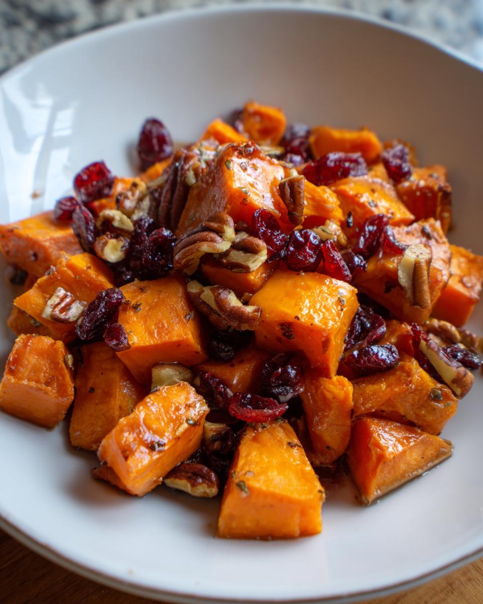 Close-up of bright orange cubes in a sweet potato salad mixed with pecans and dried cranberries.