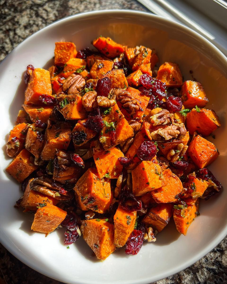 Close-up of a white bowl filled with vibrant orange roasted sweet potato salad mixed with pecans and dried cranberries.