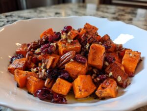 Close-up of roasted sweet potato salad cubes mixed with dried cranberries and pecans in a white bowl.
