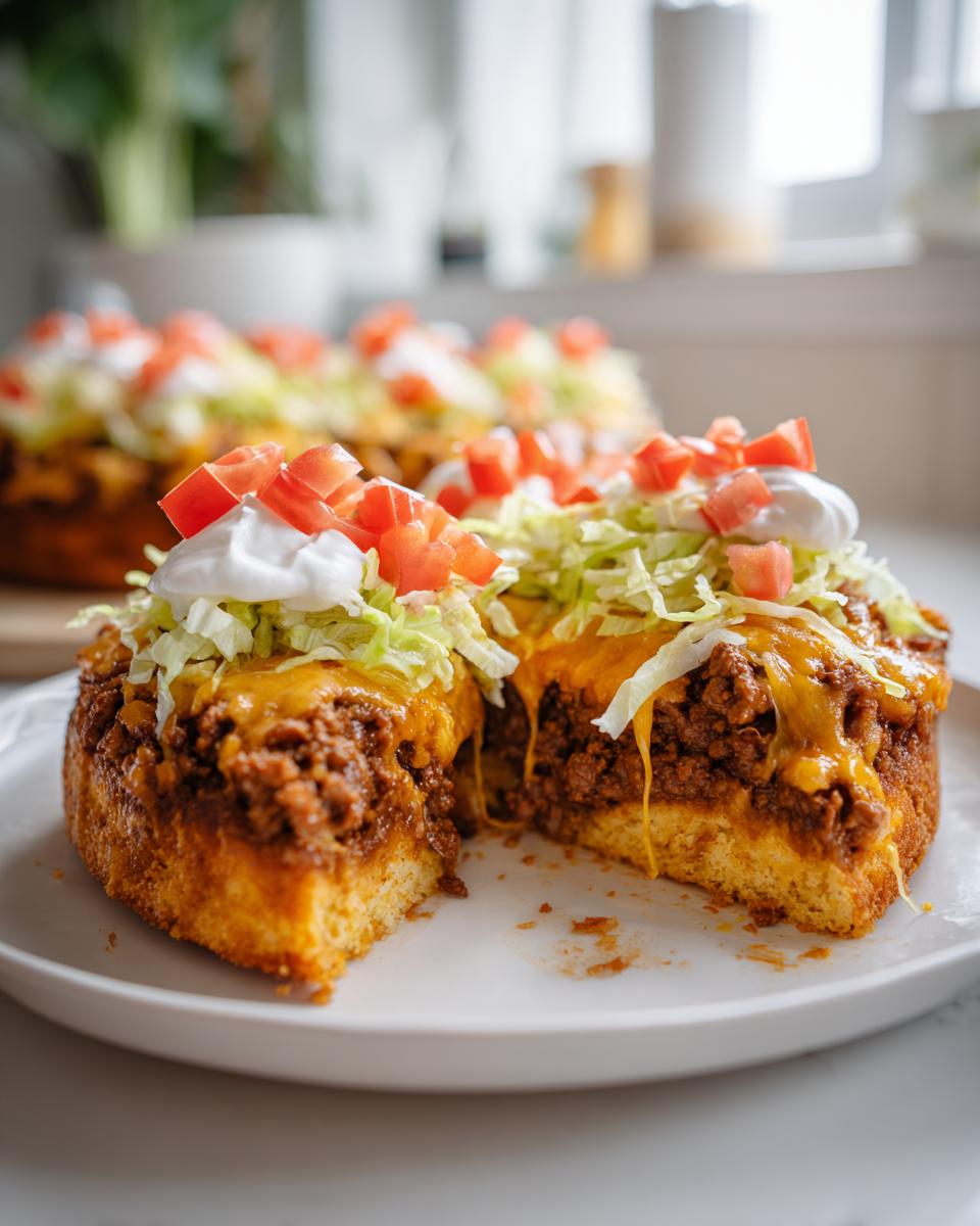 A slice of amazing taco pizza cut from a ring, showing a cornbread base, seasoned ground beef, melted cheese, lettuce, tomatoes, and sour cream.