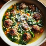 Close-up of a bowl of amazing wedding soup featuring small meatballs, acini di pepe pasta, spinach, and grated Parmesan cheese.