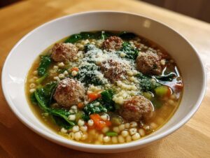 A close-up of a white bowl filled with amazing wedding soup featuring small meatballs, acini di pepe pasta, spinach, and grated Parmesan cheese.