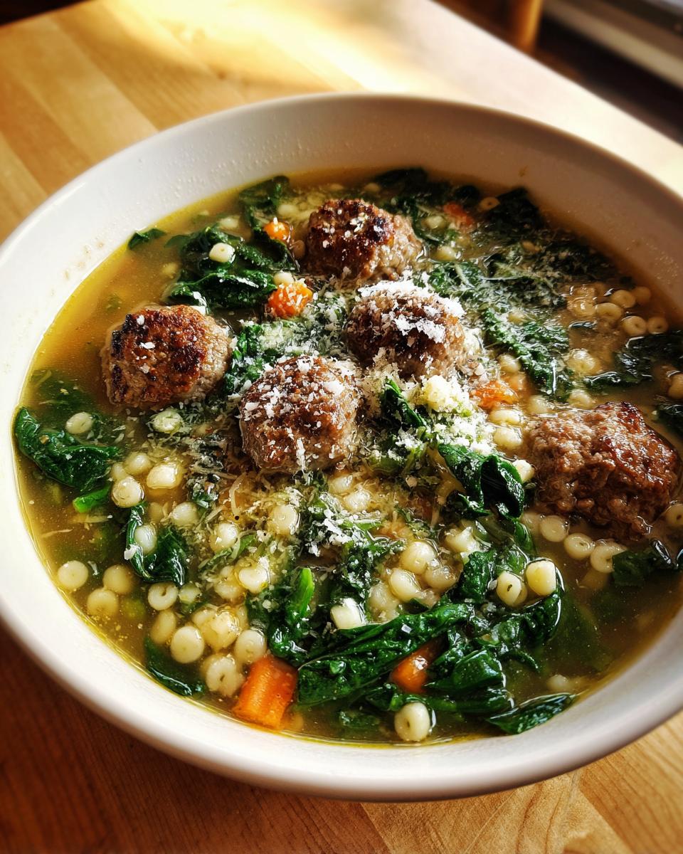 A close-up bowl of Italian wedding soup featuring small meatballs, acini di pepe pasta, spinach, and grated Parmesan cheese.