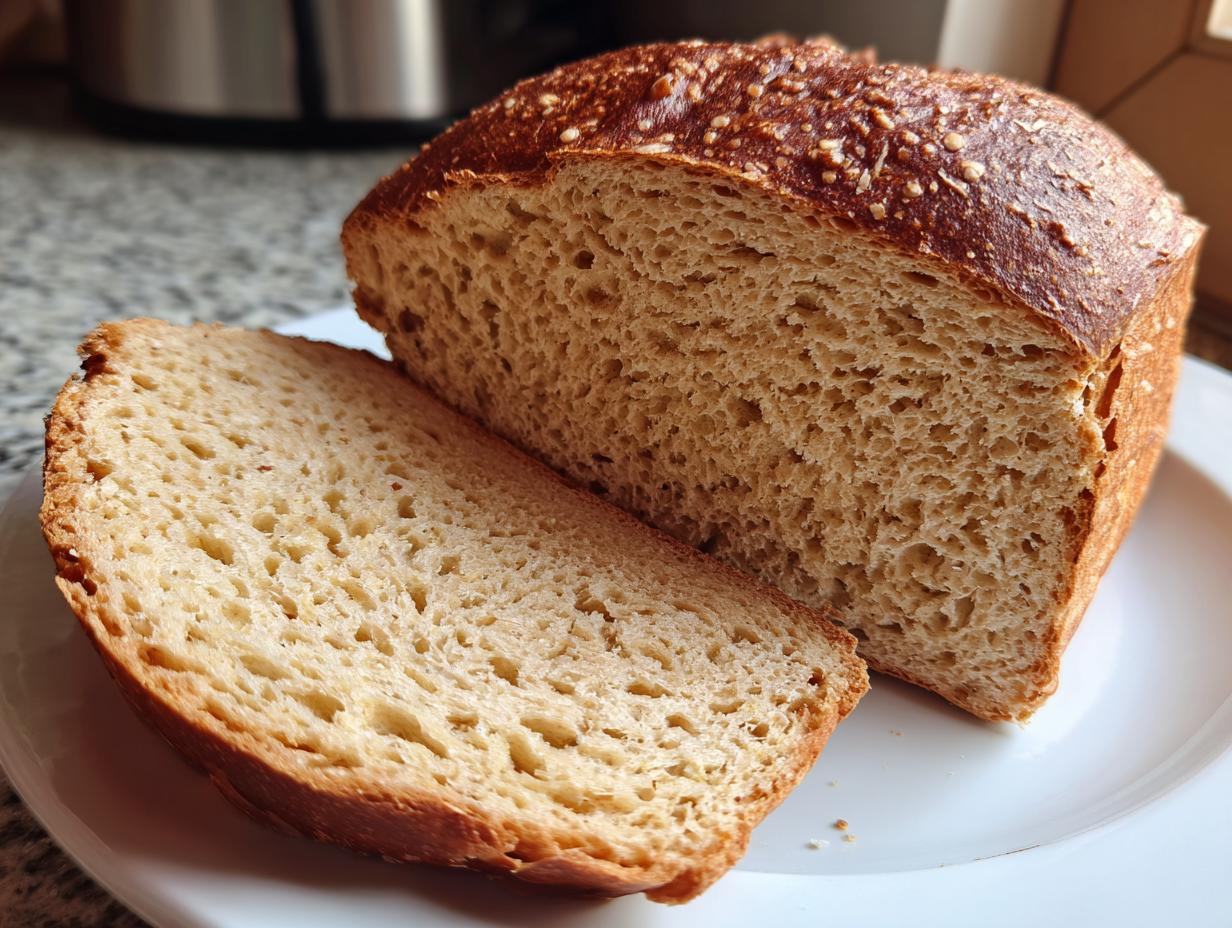 A freshly baked whole wheat bread loaf, sliced open to show the soft, airy crumb texture.