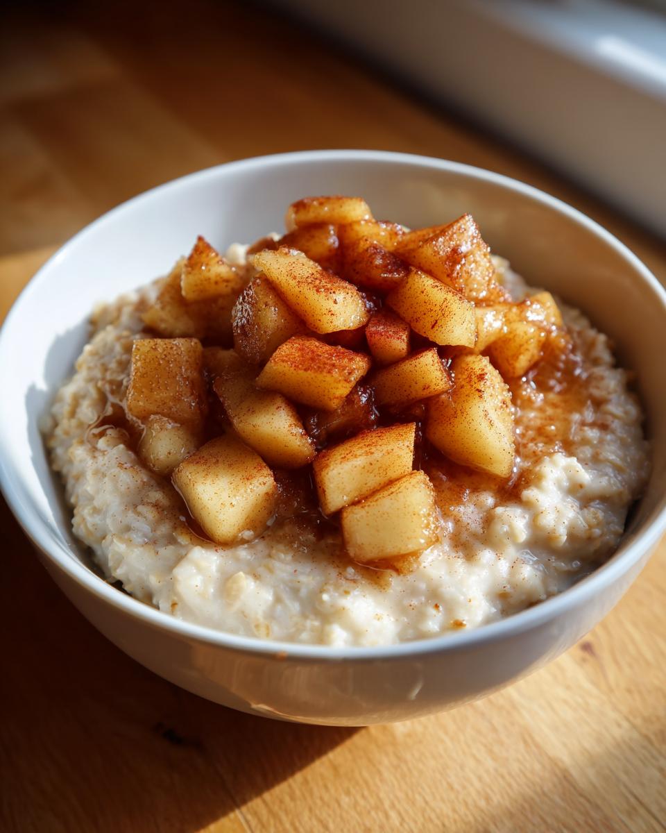 Close-up of a white bowl filled with creamy apple cinnamon oatmeal, topped with diced, caramelized apples dusted with cinnamon.