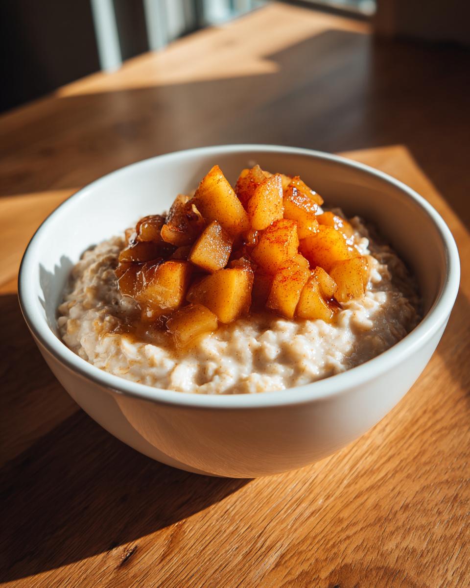 Close-up of a white bowl filled with creamy apple cinnamon oatmeal, topped with caramelized cinnamon apples.