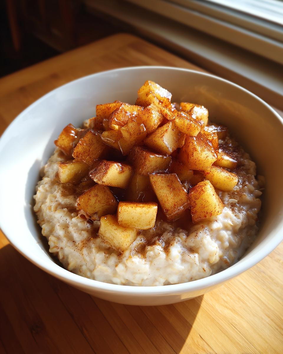 Close-up of a white bowl filled with creamy apple cinnamon oatmeal, topped generously with caramelized, cinnamon-dusted apple chunks.
