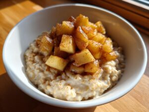 A close-up of a white bowl filled with creamy apple cinnamon oatmeal, topped with caramelized apple chunks and a dusting of cinnamon.