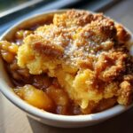 A close-up shot of a serving of apple cobbler recipe, showing warm, spiced apple filling beneath a golden, crumbly topping dusted with sugar.