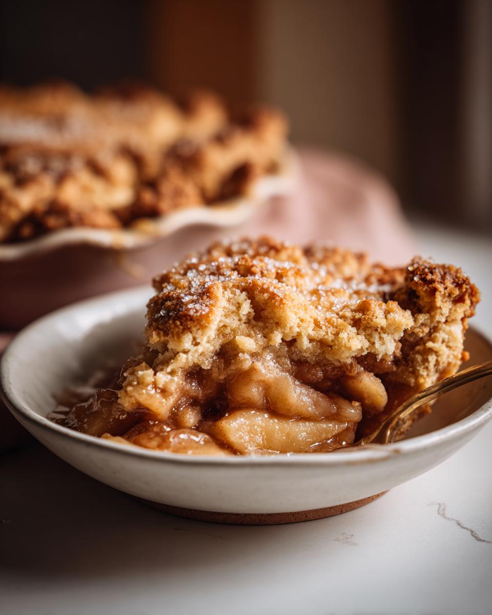 Close-up of a serving of apple cobbler recipe, featuring soft baked apples and a sugary, crumbly topping.
