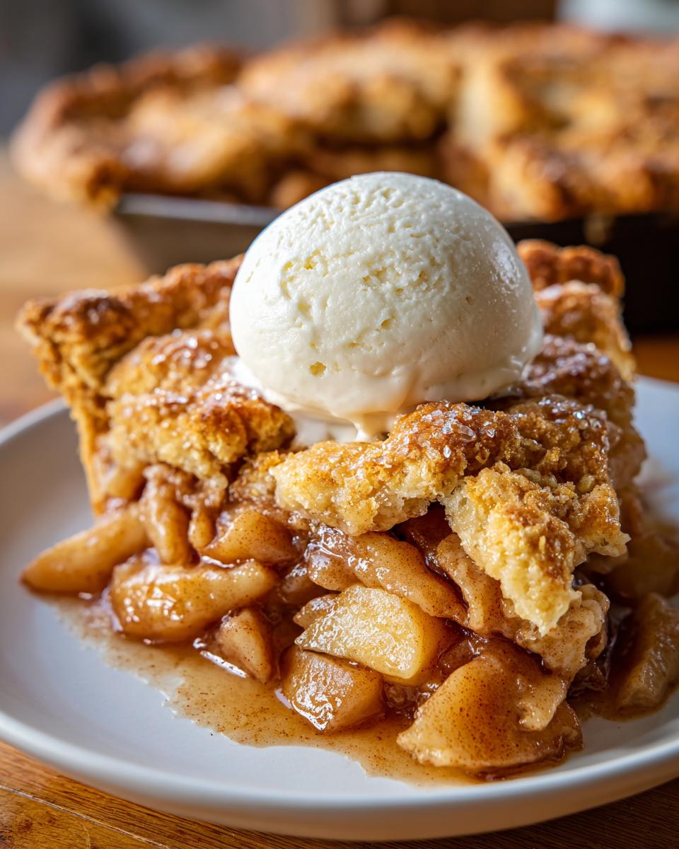 A generous slice of apple cobbler recipe topped with a scoop of melting vanilla ice cream.