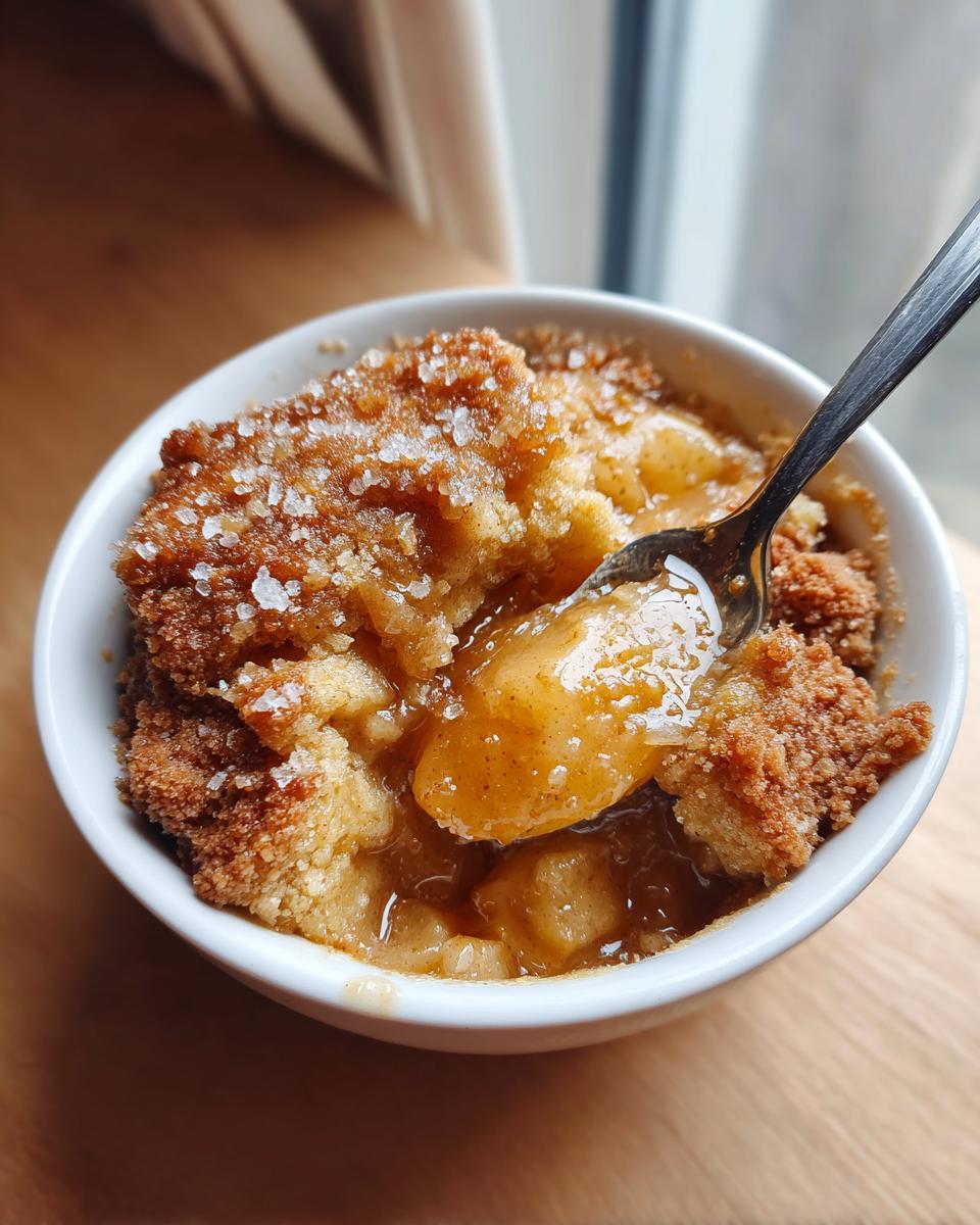 A spoonful of warm apple cobbler recipe being lifted from a white bowl, showing caramelized apples and crumb topping.