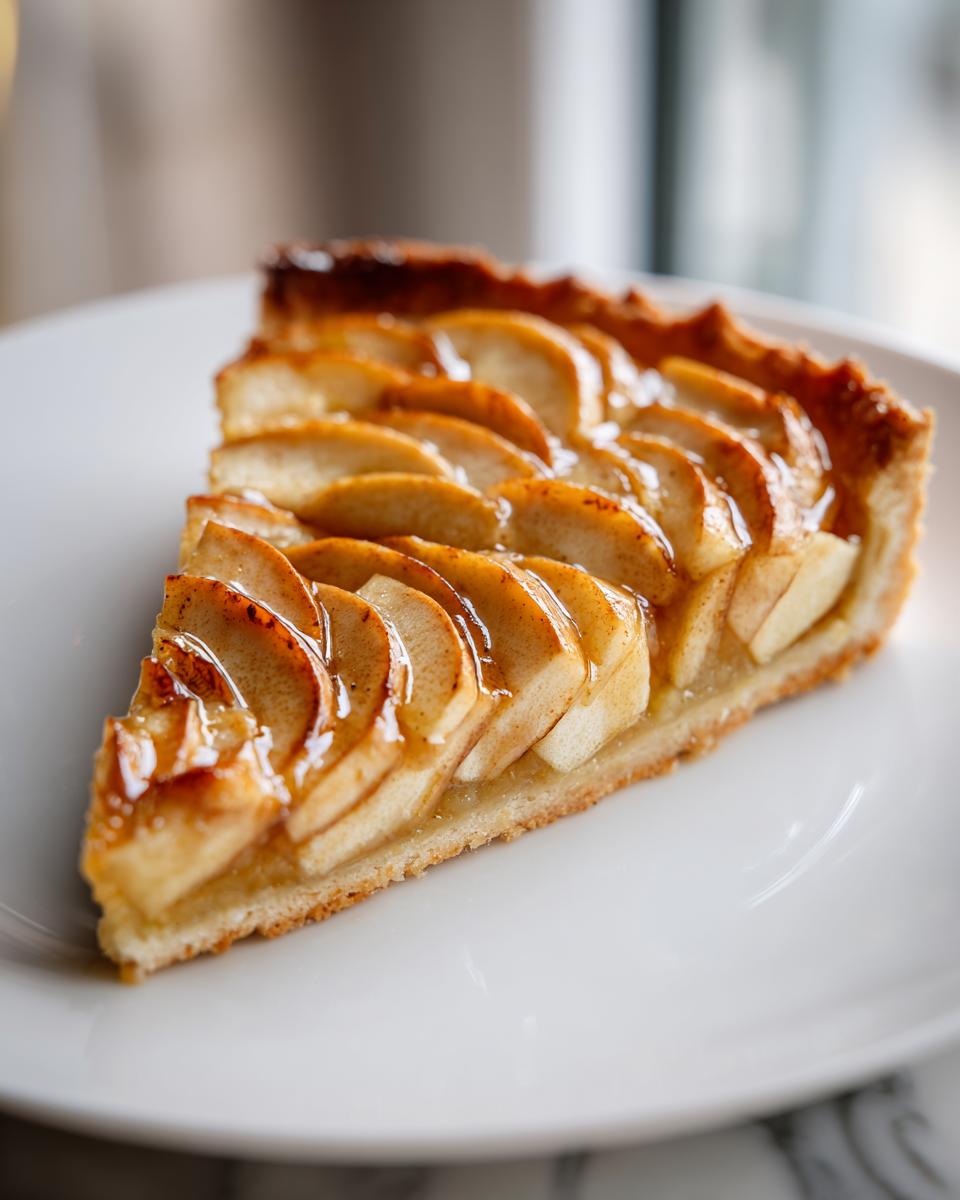 A close-up of a perfect slice of glazed apple tart resting on a white plate.