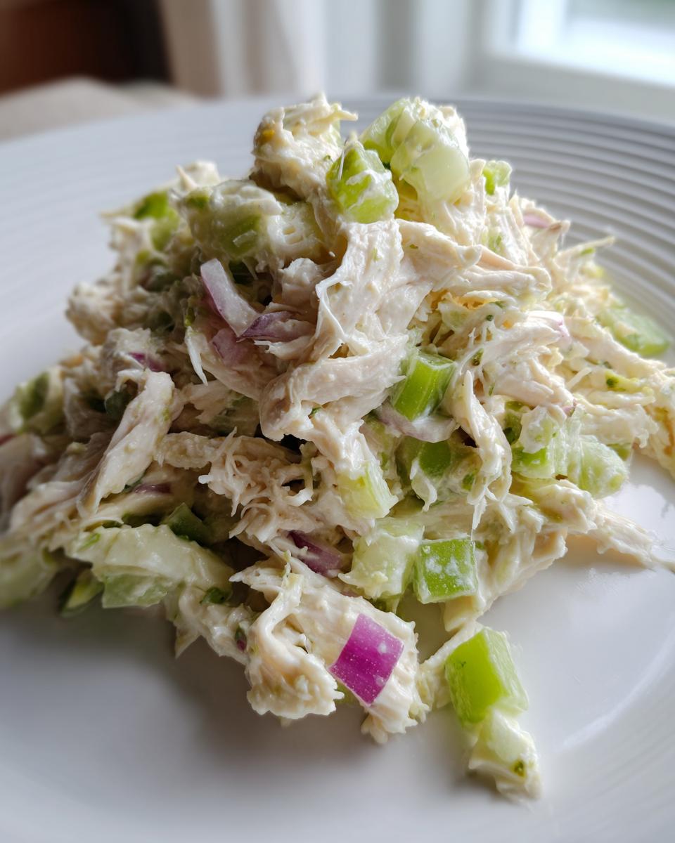 Close-up of creamy avocado chicken salad featuring shredded chicken, diced celery, and red onion on a white plate.