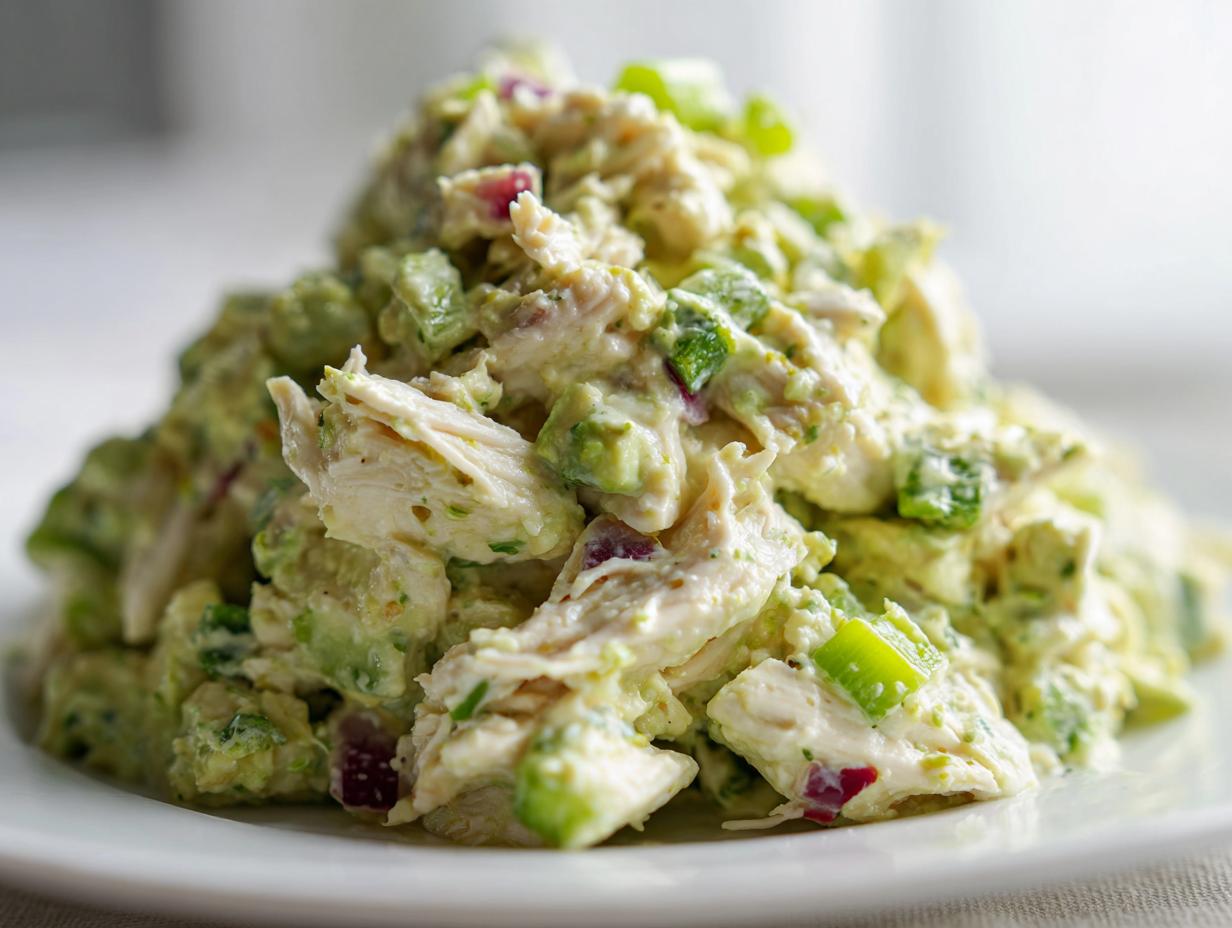 A close-up mound of creamy avocado chicken salad featuring shredded chicken and chunks of green avocado.