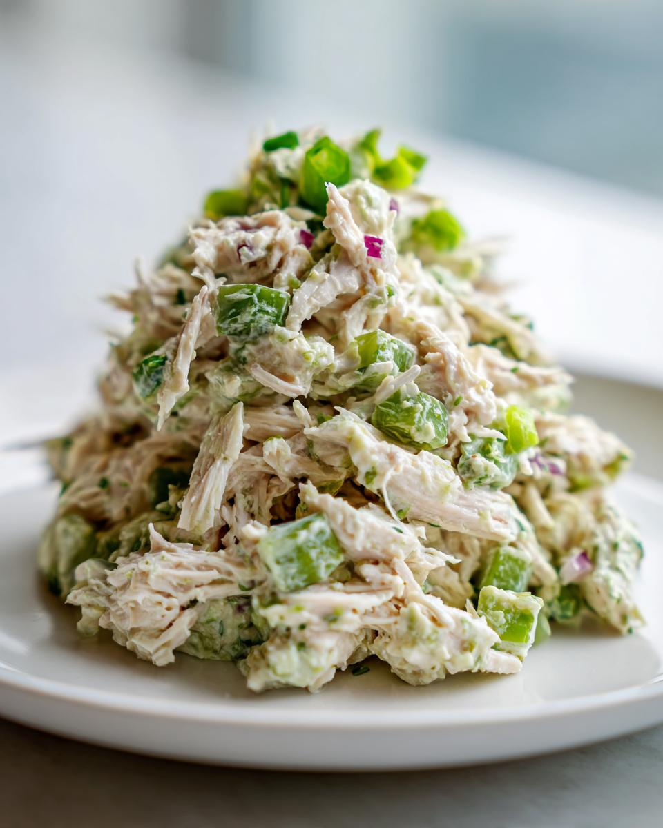 Close-up of a fresh mound of avocado chicken salad mixed with green celery and topped with green onions.