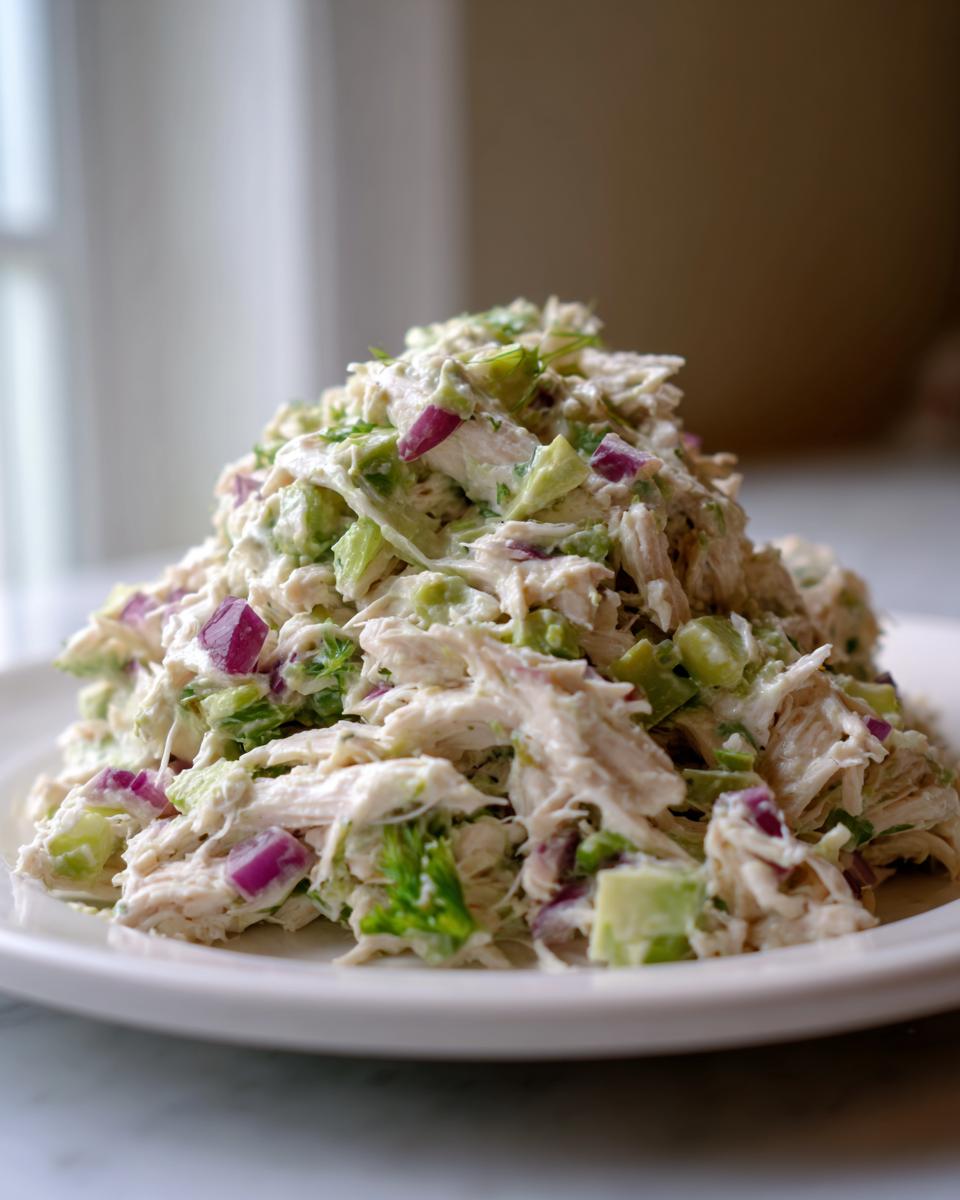 A generous mound of creamy avocado chicken salad mixed with shredded chicken, diced avocado, and red onion pieces.