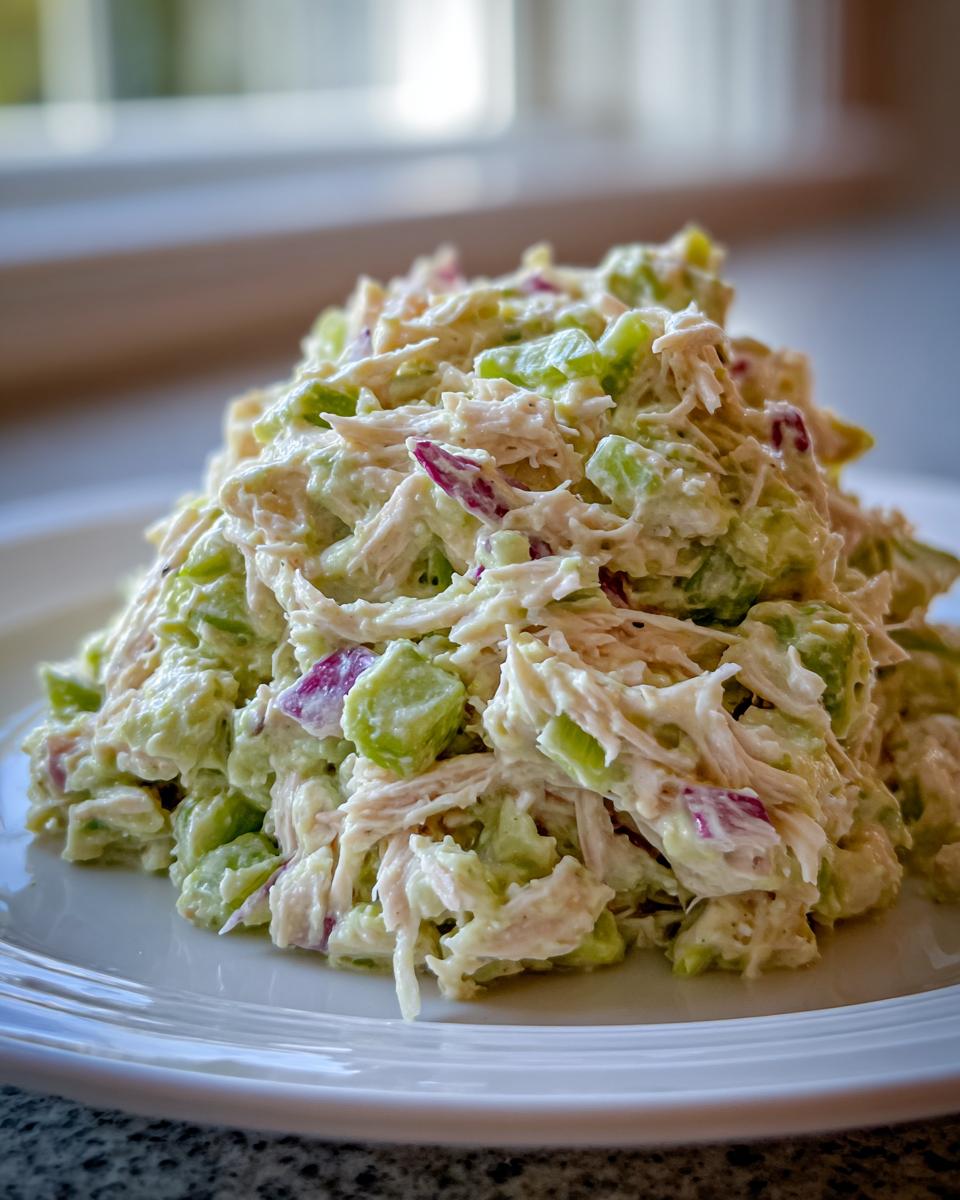 A close-up mound of creamy avocado chicken salad featuring shredded chicken, green avocado chunks, and red onion pieces.