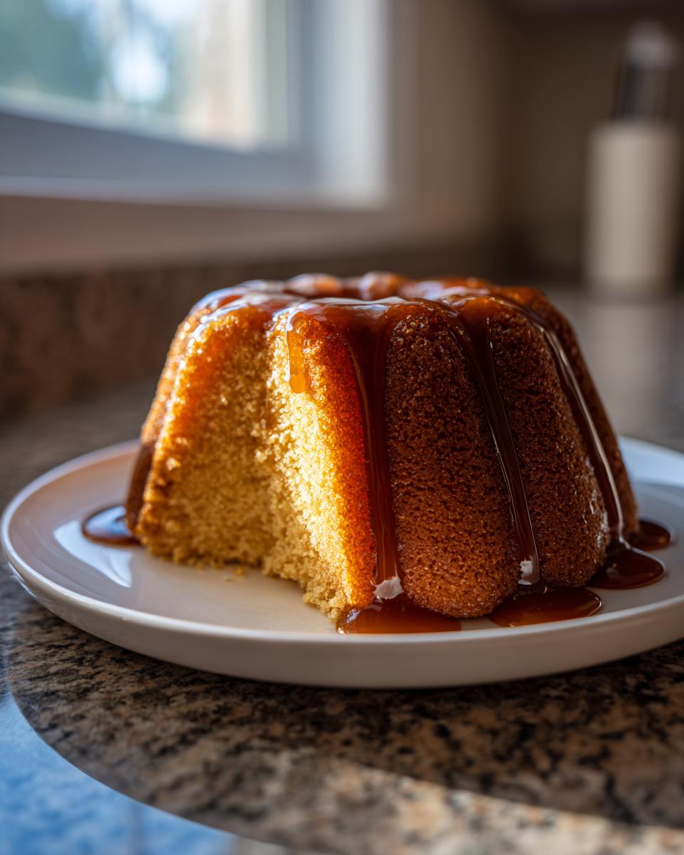 A slice cut from a bundt-style Bacardi rum cake topped with a thick, glossy caramel glaze.