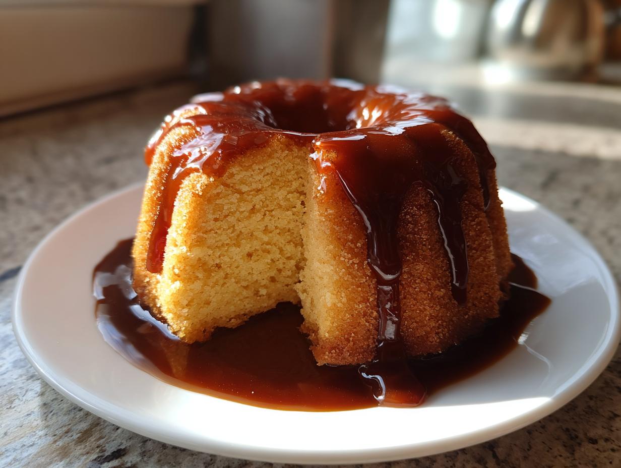 A slice removed from a small, golden Bacardi rum cake topped with thick, dark rum glaze.