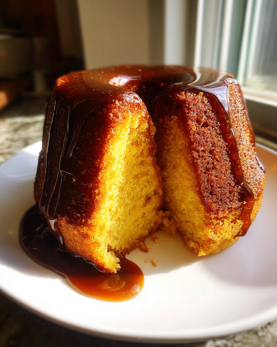A slice removed from a golden Bacardi rum cake, heavily drizzled with a dark rum glaze.