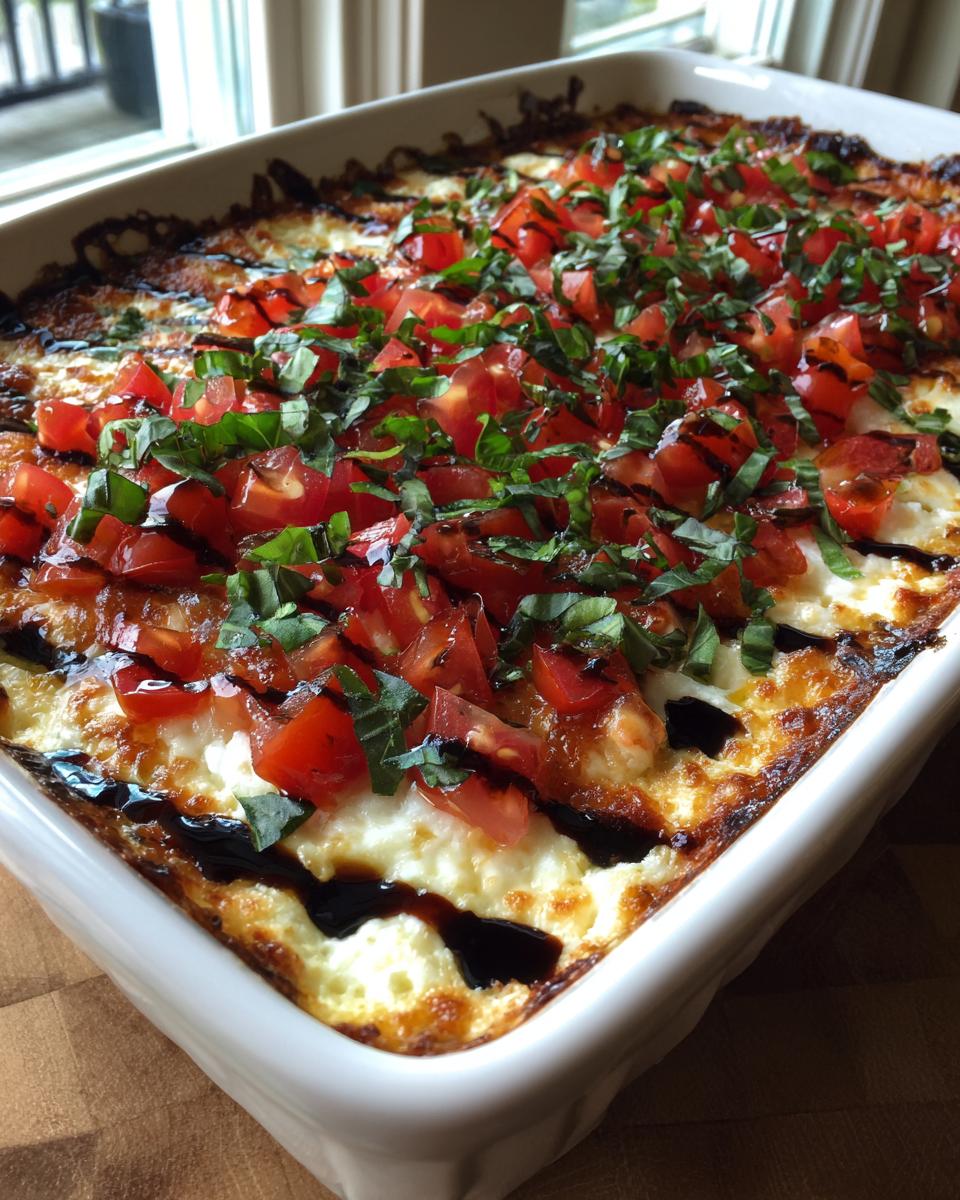 A close-up of a hot baked bruschetta dip in a white baking dish, topped with melted cheese, diced tomatoes, fresh basil, and balsamic glaze.