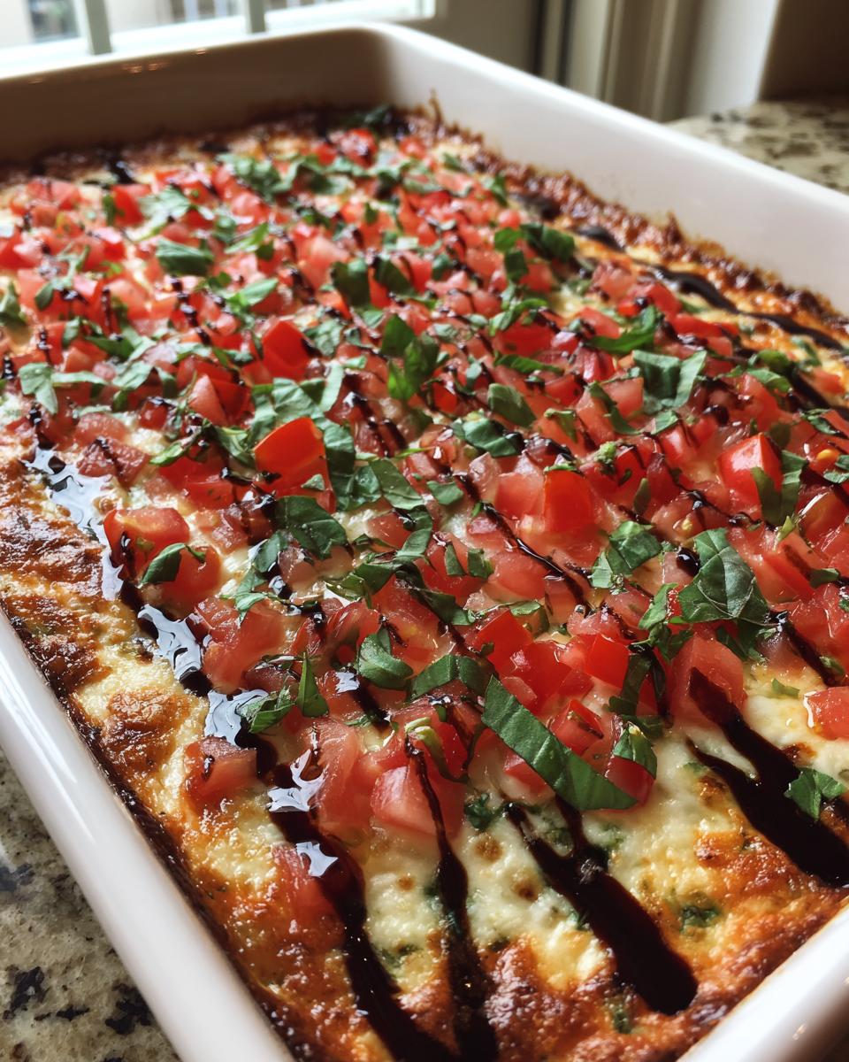 Close-up of a baked bruschetta dip in a white dish, topped with diced tomatoes, fresh basil, and balsamic glaze.