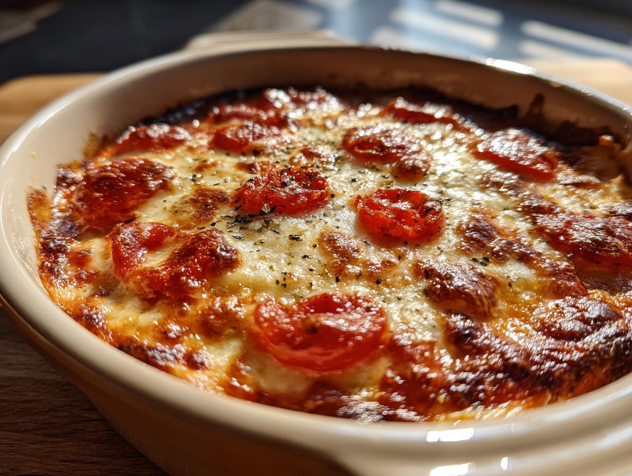 Close-up of a hot, bubbly pizza dip topped with melted cheese and sliced cherry tomatoes, ready to serve.