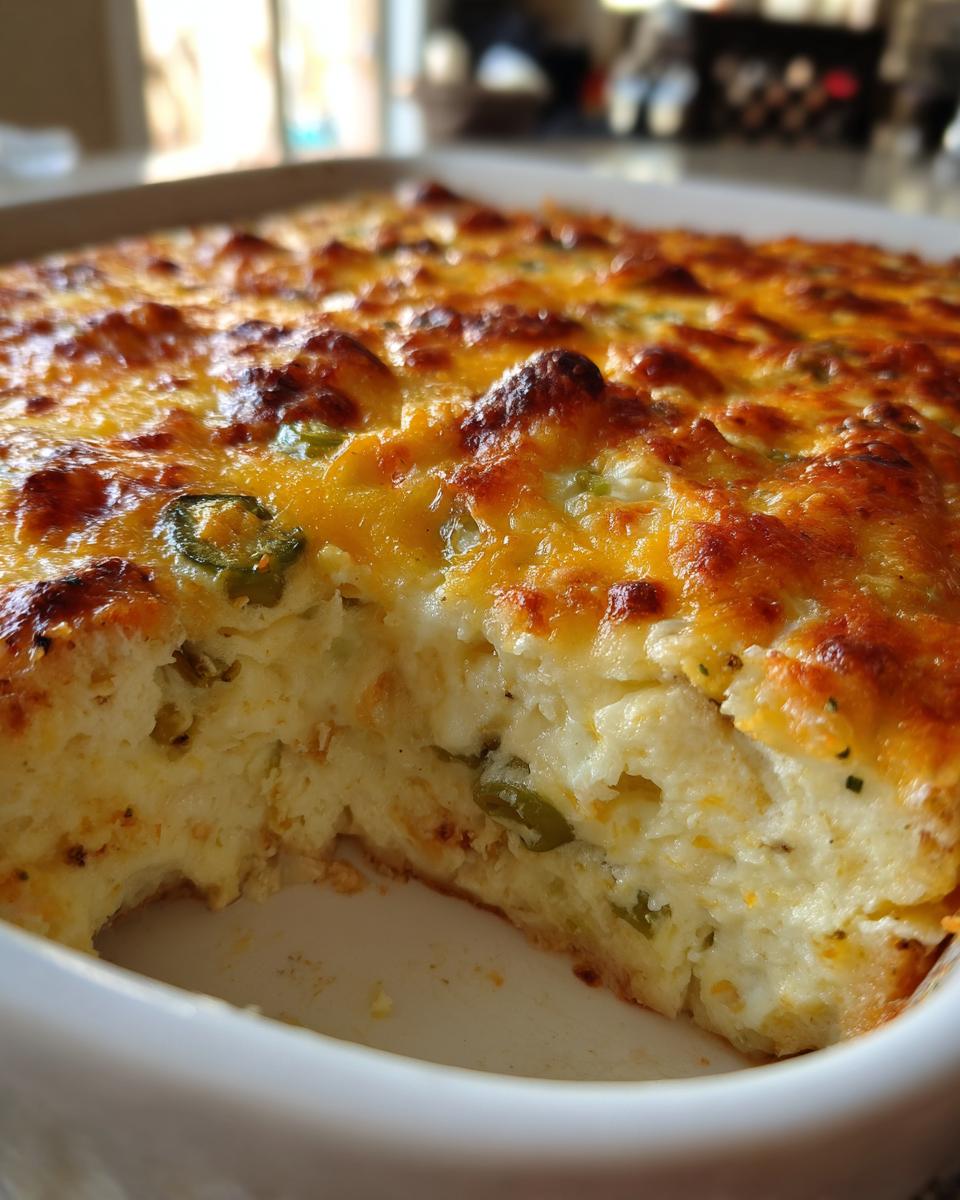 A close-up, angled view of a baked popper dip in a white dish, showing a thick, creamy interior and a bubbly, browned cheese topping with visible jalapeño slices.