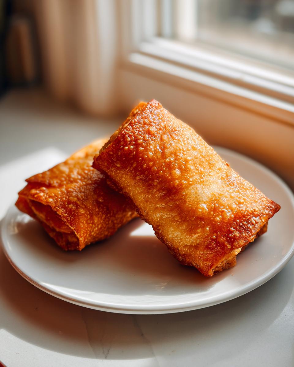 Two golden brown, crispy Baked Chicken Chimichangas resting on a small white plate near a sunlit window.