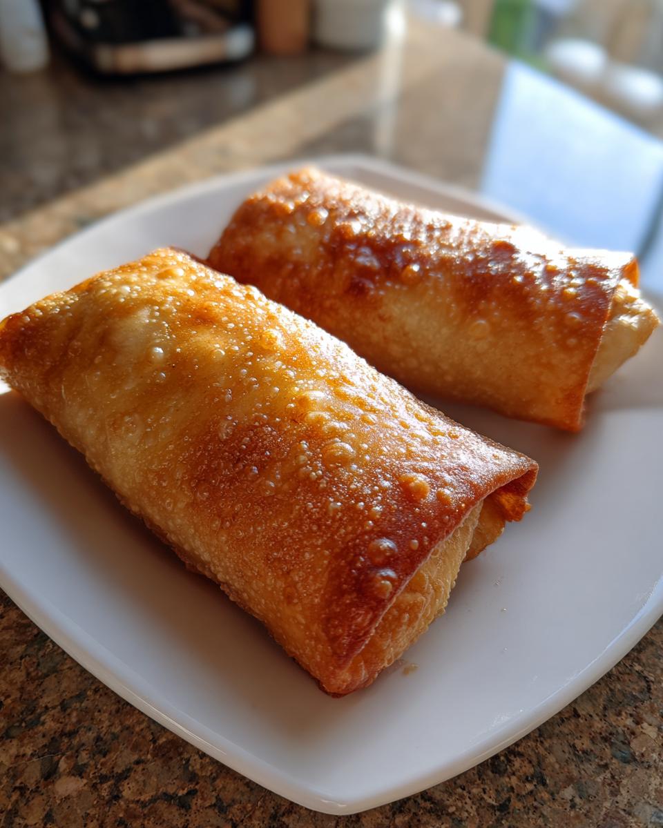 Two golden brown, crispy Baked Chicken Chimichangas resting on a white rectangular plate.