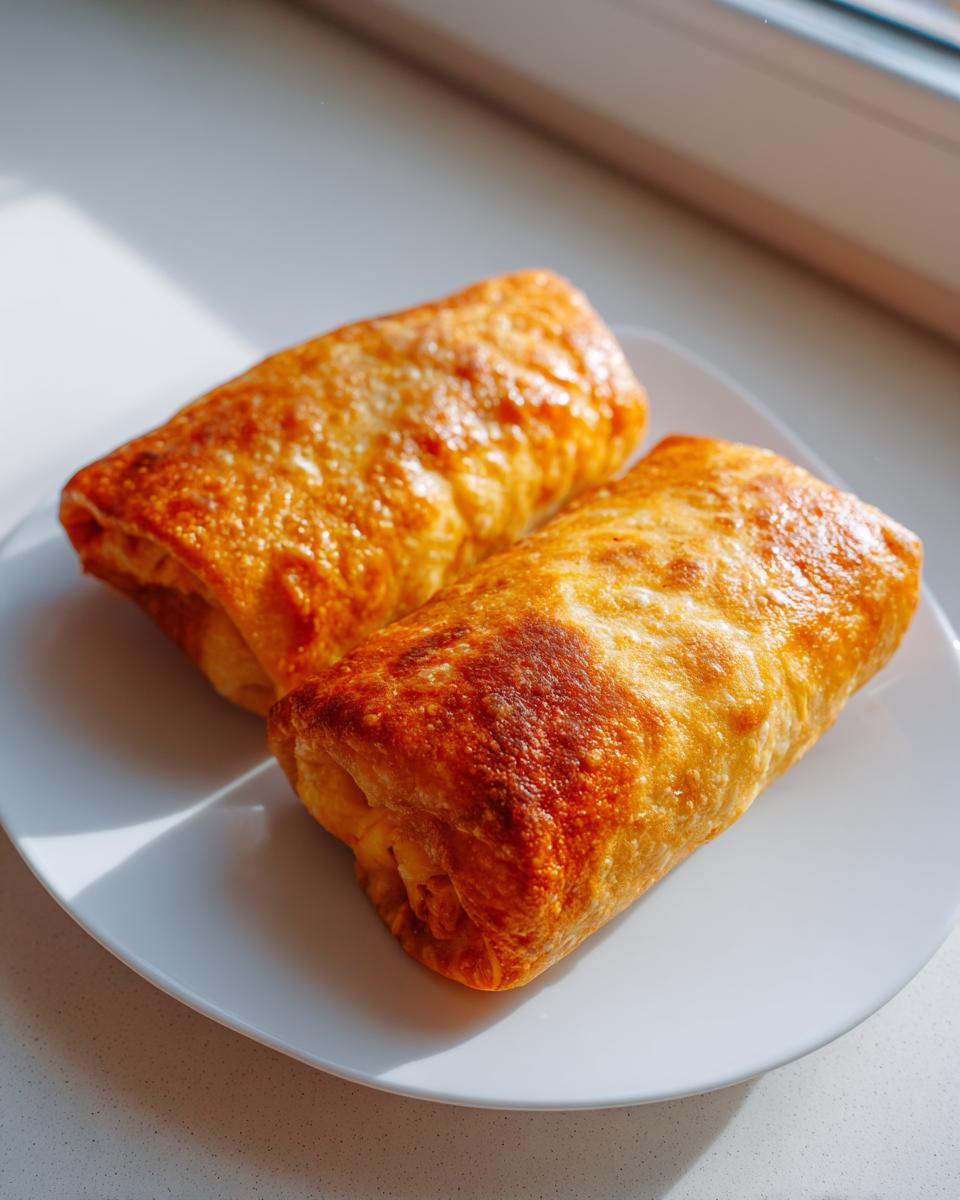 Two perfectly golden brown Baked Chicken Chimichangas resting on a white plate near a window.