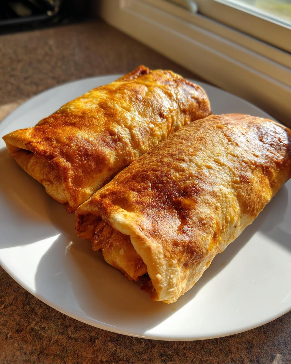 Two golden-brown Baked Chicken Chimichangas resting on a white plate, illuminated by sunlight.