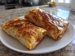 Two golden brown, baked chicken chimichangas resting on a white plate, showing a crispy, slightly browned tortilla exterior.