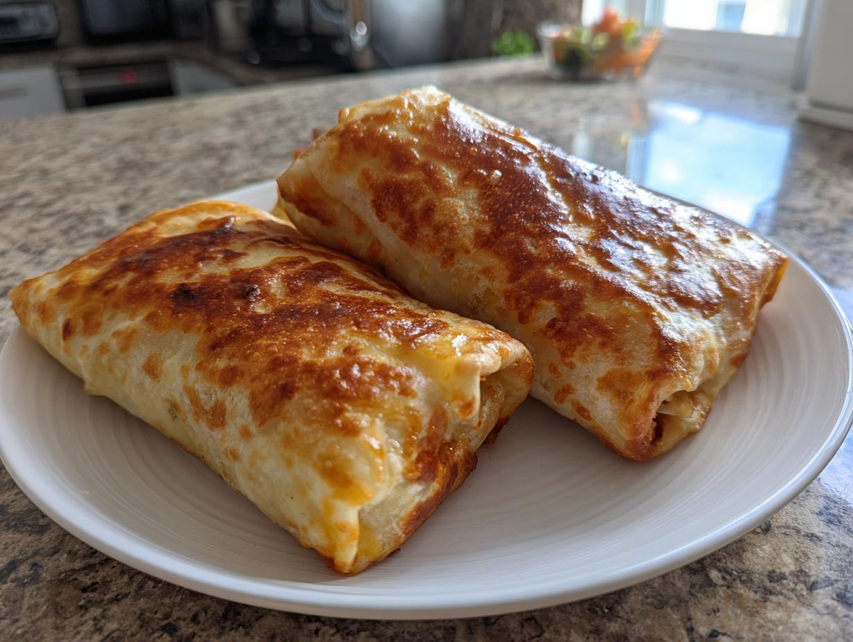 Two golden brown, baked chicken chimichangas resting on a white plate, showing a crispy, slightly browned tortilla exterior.