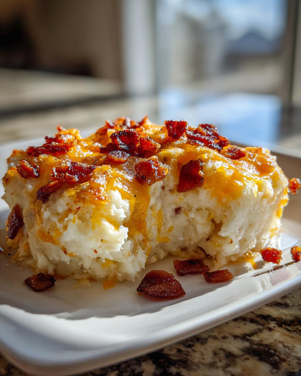 A square serving of fluffy baked mashed potatoes topped with melted cheddar cheese and crispy bacon bits.
