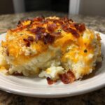 A close-up of a serving of rich baked mashed potatoes topped with melted cheddar cheese and crispy bacon bits.
