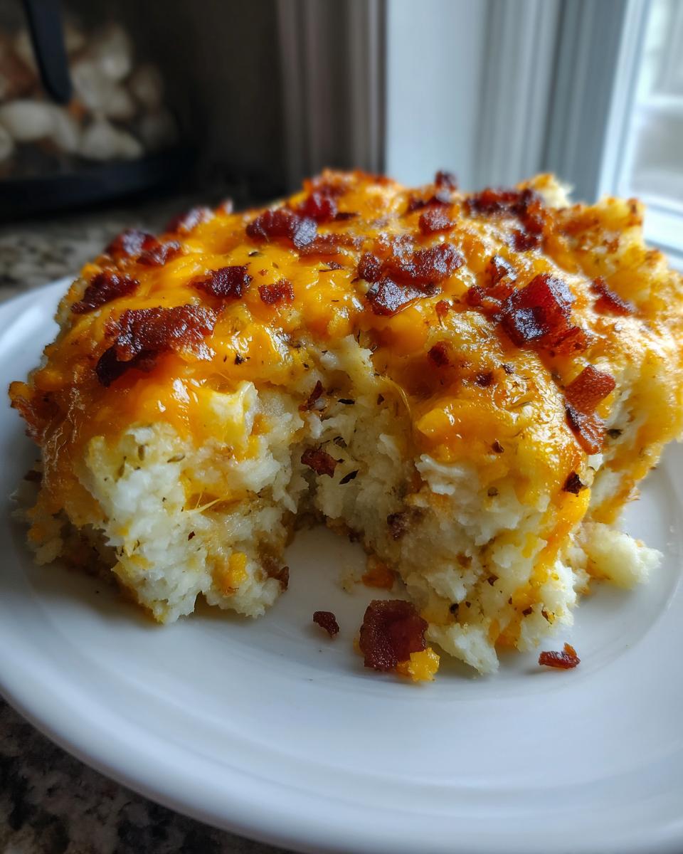 A scoop of cheesy baked mashed potatoes topped with crispy bacon bits served on a white plate.