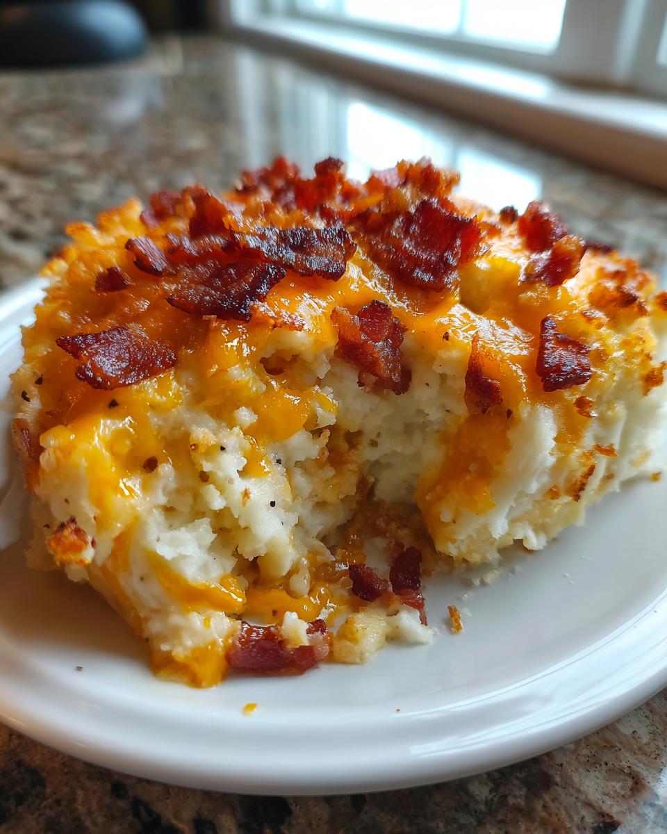 A close-up of a serving of baked mashed potatoes topped with melted cheddar cheese and crispy bacon bits.