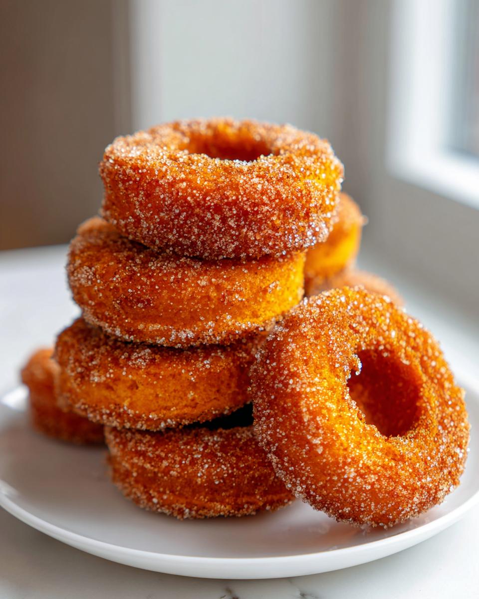 A stack of moist baked pumpkin donuts generously coated in cinnamon sugar, resting on a white plate.