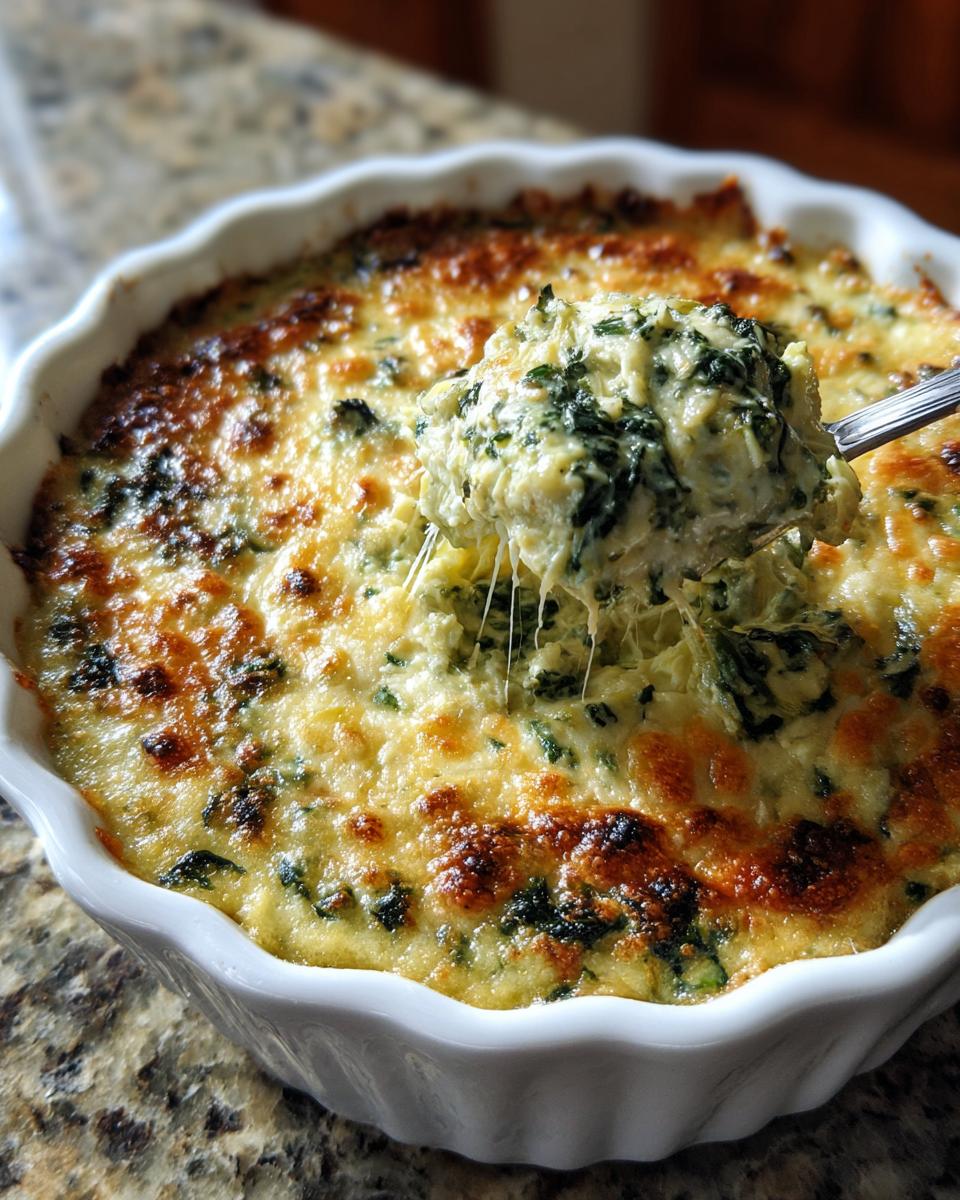 A spoonful of hot, cheesy spinach artichoke dip being lifted from a white baking dish, showing long cheese strings.