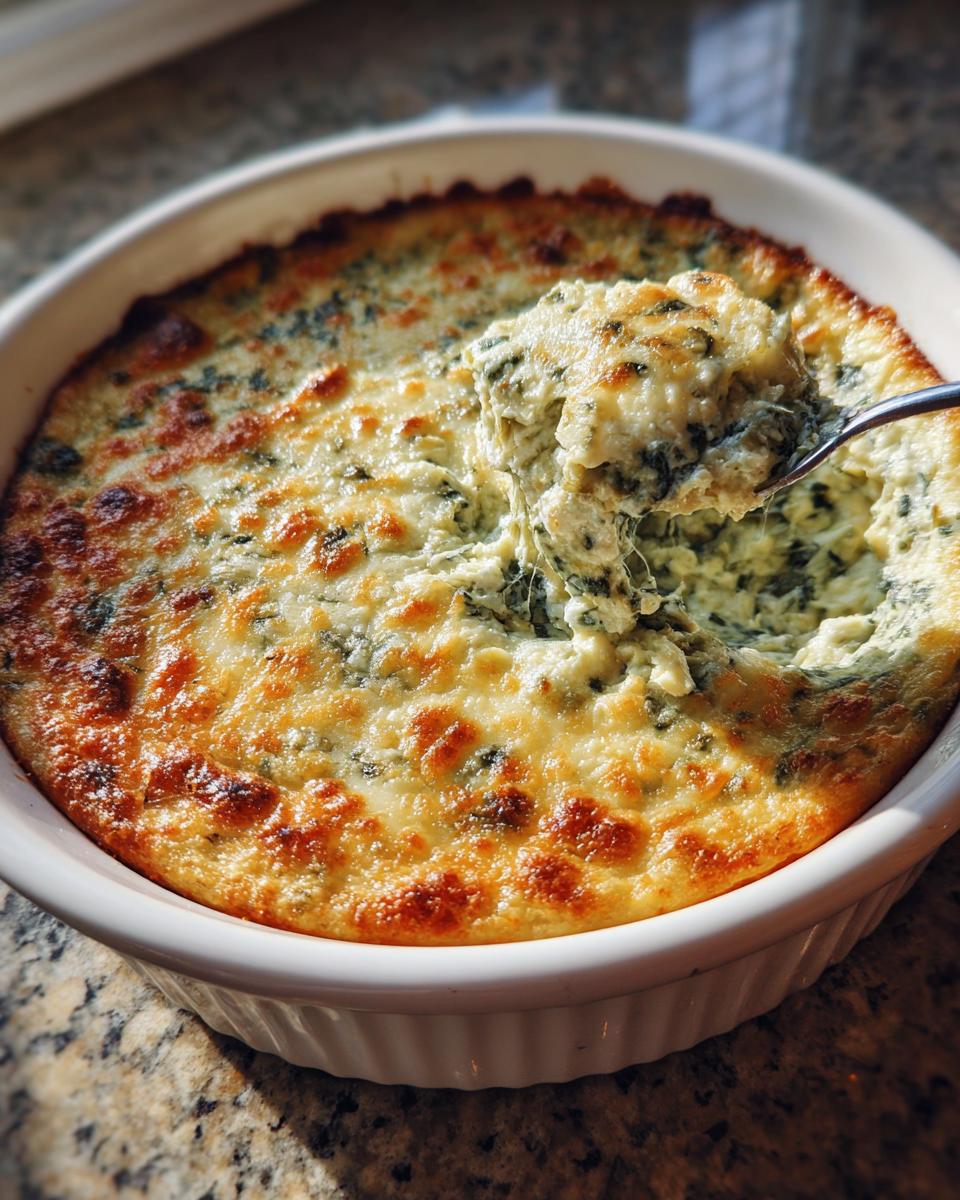 A spoonful of hot, cheesy spinach artichoke dip being lifted from a white baking dish with a golden-brown top.