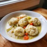 Close-up of fluffy dumplings served in a creamy broth with carrots and celery, showcasing the best chicken and dumpling recipe.