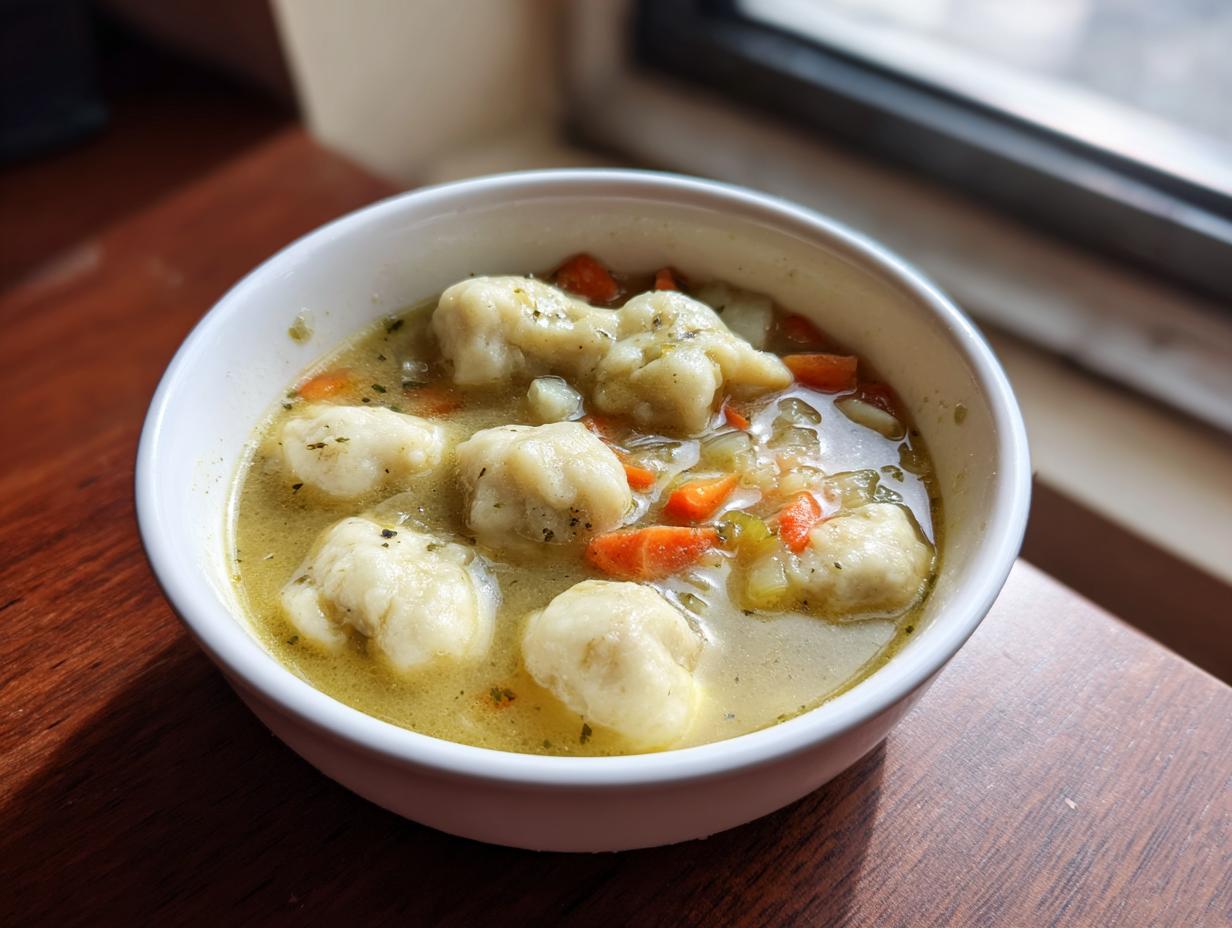 Close-up of a white bowl filled with creamy chicken and dumpling soup, featuring fluffy dumplings and carrots.