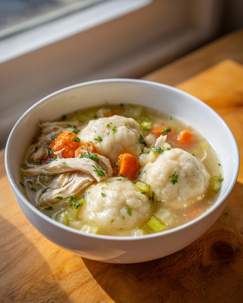 Close-up of a white bowl filled with fluffy chicken and dumpling soup, featuring shredded chicken, carrots, and celery.