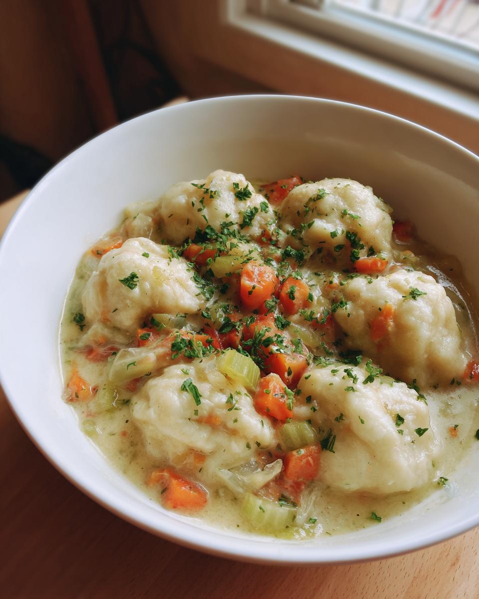 Close-up of fluffy dumplings served in a creamy chicken and dumpling stew with carrots and celery, topped with parsley.