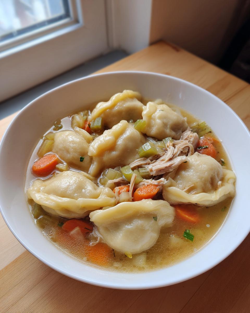 Close-up of a bowl of homemade chicken and dumpling soup with shredded chicken, carrots, and celery in broth.