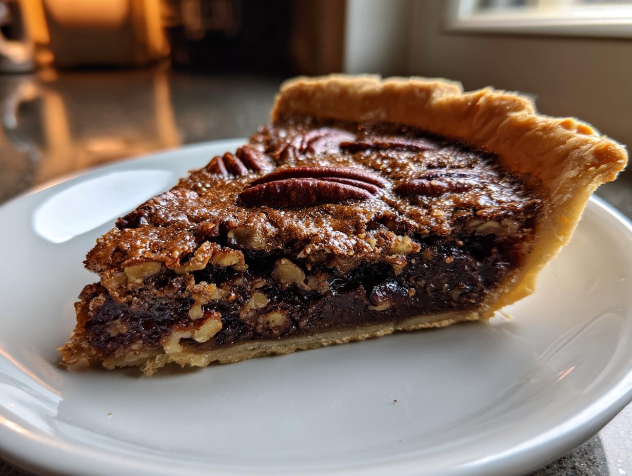 A close-up of a rich slice of chocolate pecan pie with a flaky crust, served on a white plate.