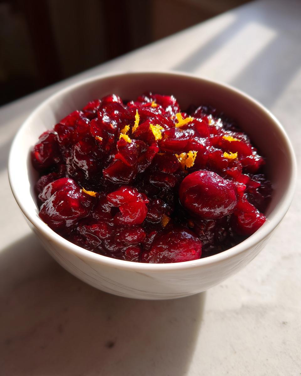 Close-up of chunky homemade cranberry sauce topped with bright orange zest in a white bowl.