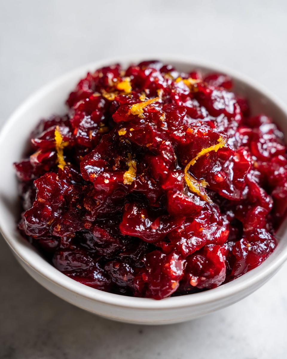 Close-up of chunky homemade cranberry sauce garnished with bright orange zest in a white bowl.